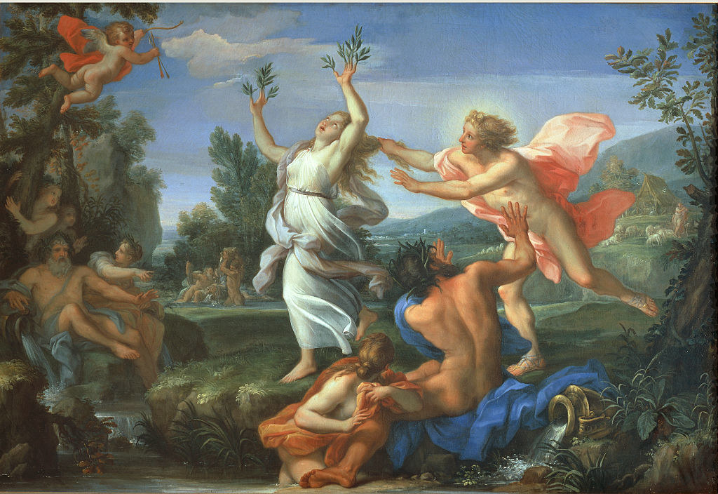 The painting Apollo and Daphne by Giuseppe Bartolomeo Chiari, Daphne&#x27;s fingers are turning into branches as she runs from Apollo