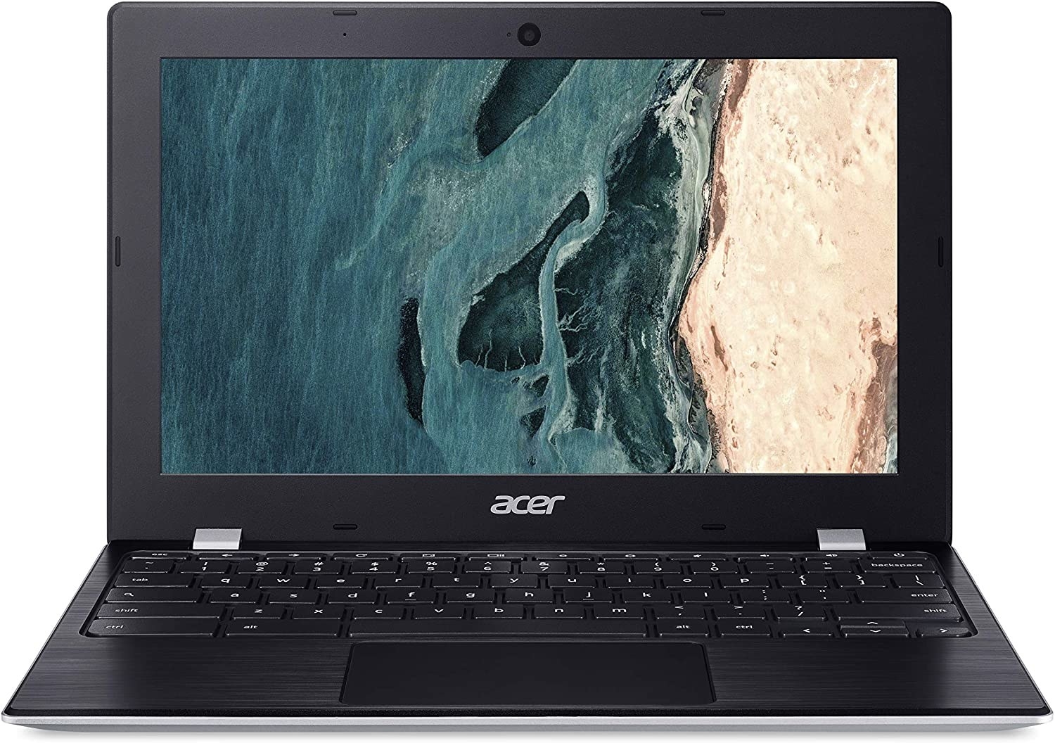 The Acer laptop on a blank background with a beachy screensaver