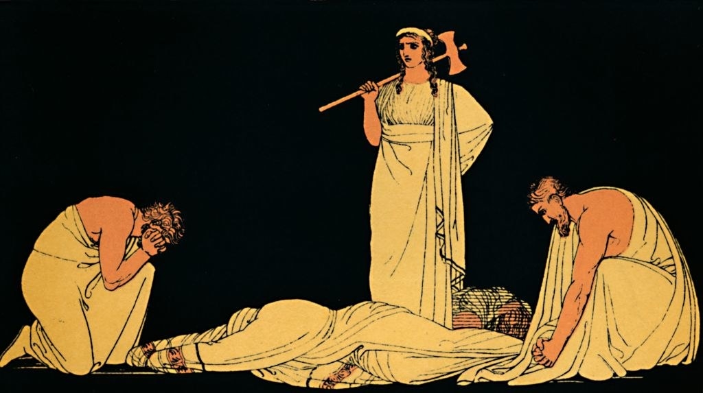 Clytaemnestra stood over Agamemnon&#x27;s dead body with an axe, as a man on the left cries while Aegisthus crouches on the right