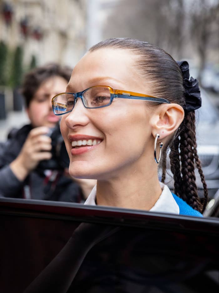 A close-up of Bella Hadid's face