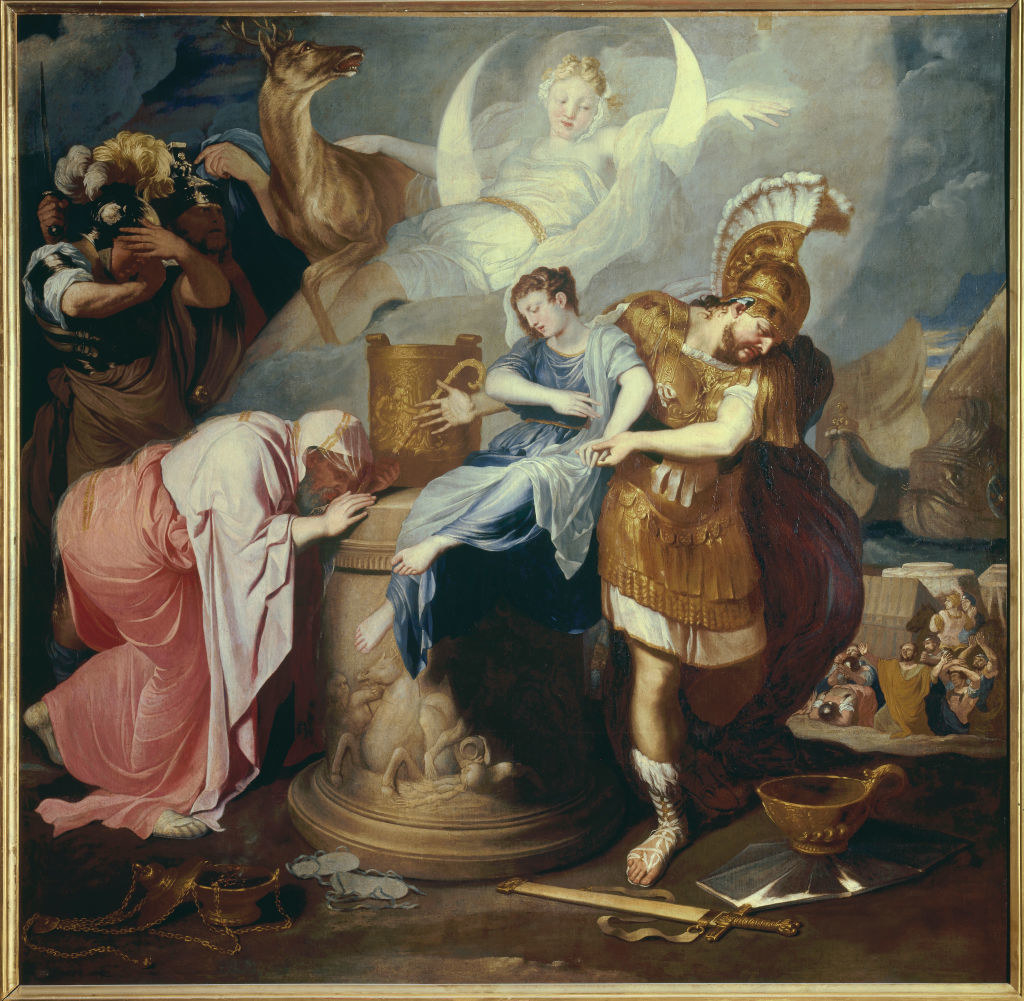 Oil painting by Flemalle Bertholet of Agamemnon dragging his daughter Iphigenia onto the altar as nearby soldiers look horrified and Artemis watches from the sky above