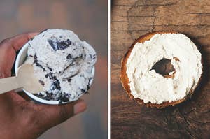 A man is holding a cup of ice cream with a bagel on the right
