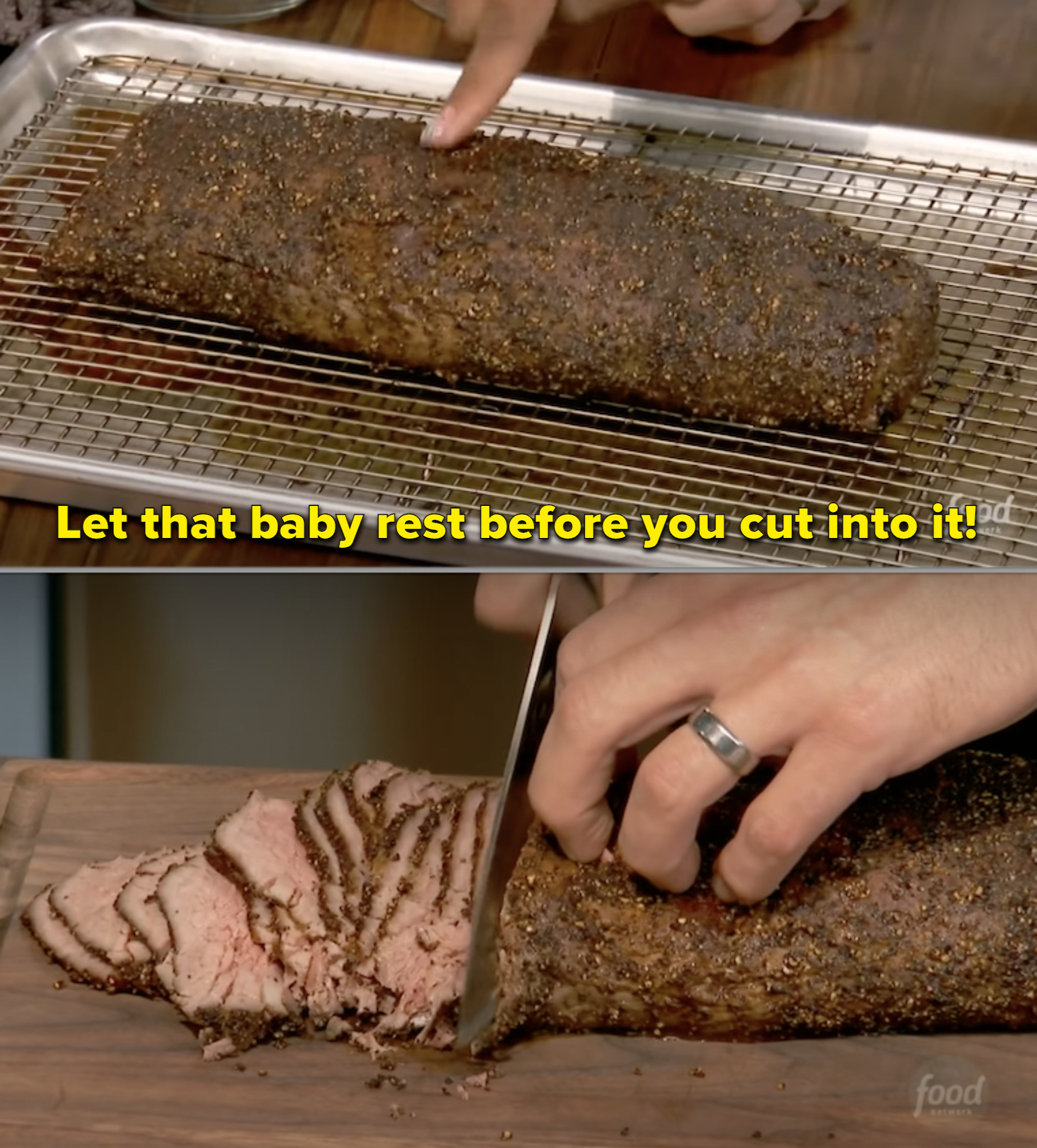 Sunny Anderson cooking beef tenderloin and saying to &quot;let that baby rest before you cut into it&quot;