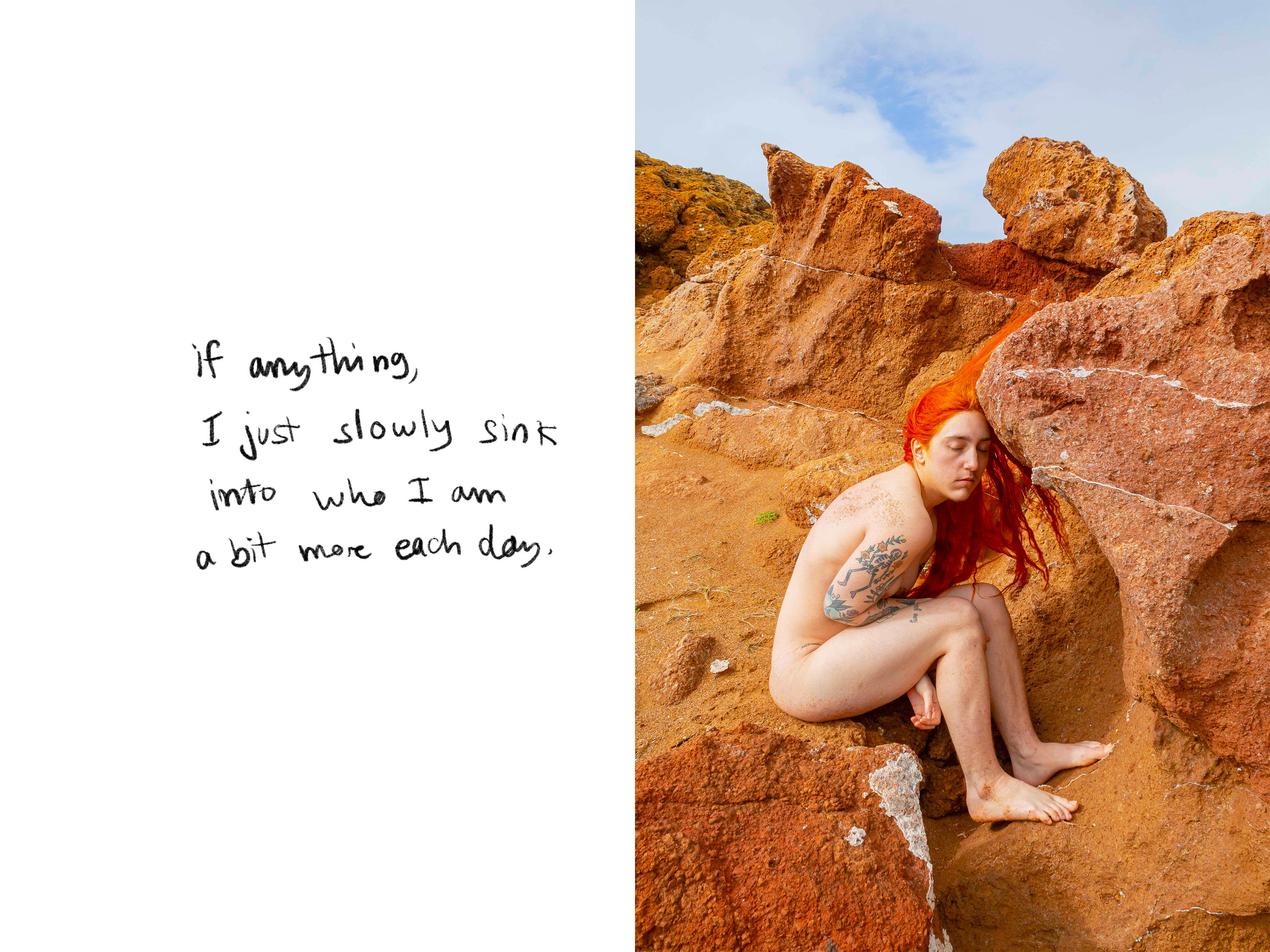 The artist nude on rocks with text on the image reading, &quot;if anything I just slowly sink into who I am a bit more each day&quot;