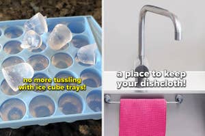 left image: easy to use ice cube tray, right image: dishcloth rack for sink