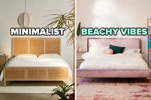 On the left, a bed with a wicker frame and plants near the bed labeled minimalist, and on the right, a bed with a velvet frame and throw pillows on top labeled beachy vibes