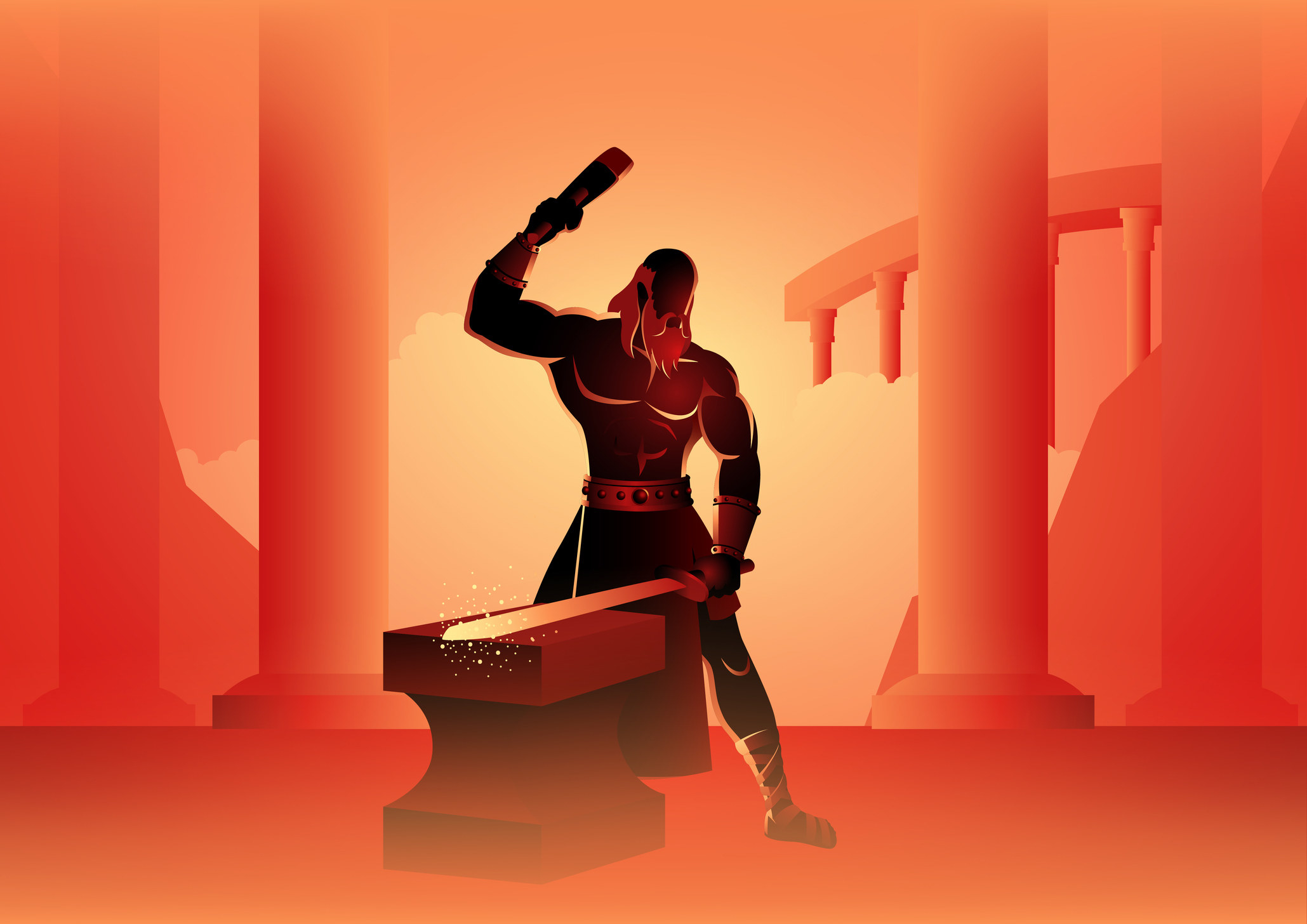 An orange and red tinted image of Hephaestus about to bring a hammer down on a sword