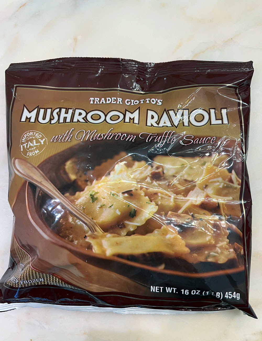 A bag of Trader Joe&#x27;s mushroom ravioli