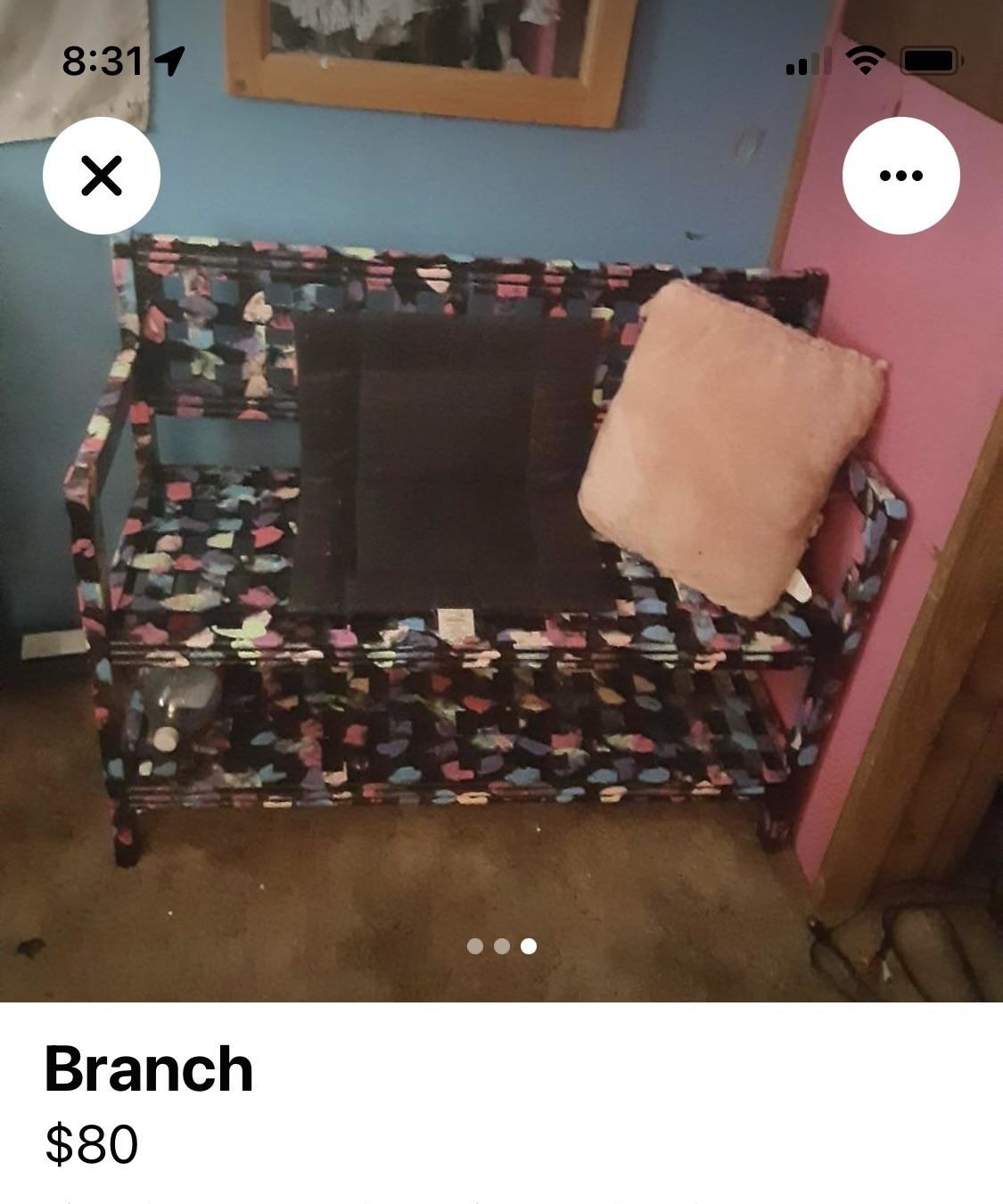 Facebook Marketplace ad for a bench that reads &quot;branch&quot;
