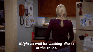 Woman washing dishes saying: &quot;Might as well be washing dishes in the toilet