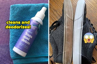 the yoga mat spray bottle on top of a mat with text "cleans and deodorizes!", a pair of Vans before and after using The Pink Stuff with shocked emoji