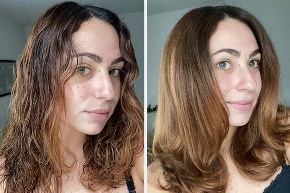 Reviewer showing before and after of using Revlon hair brush and blow dryer