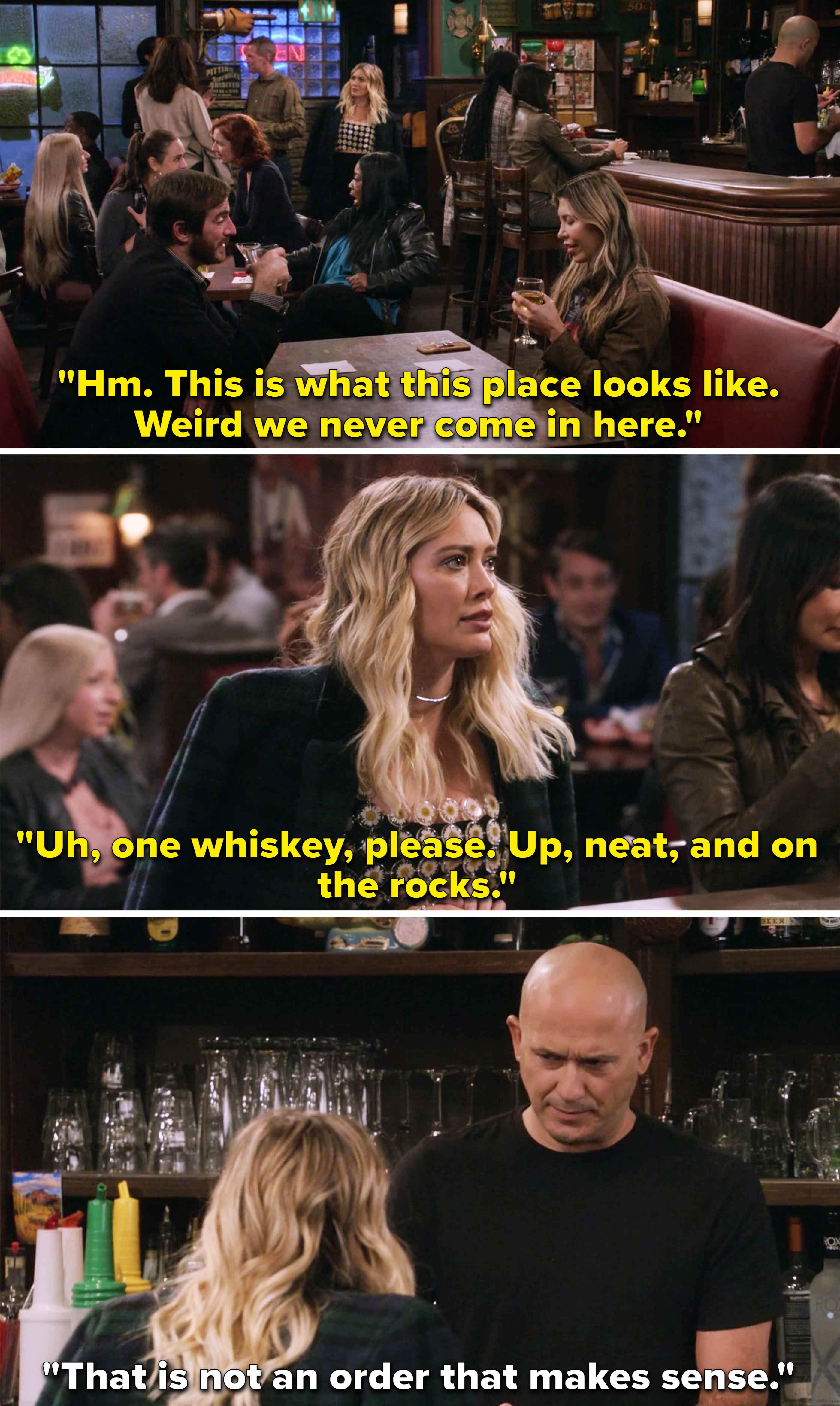 Sophie ordering a whiskey at the bar with Carl
