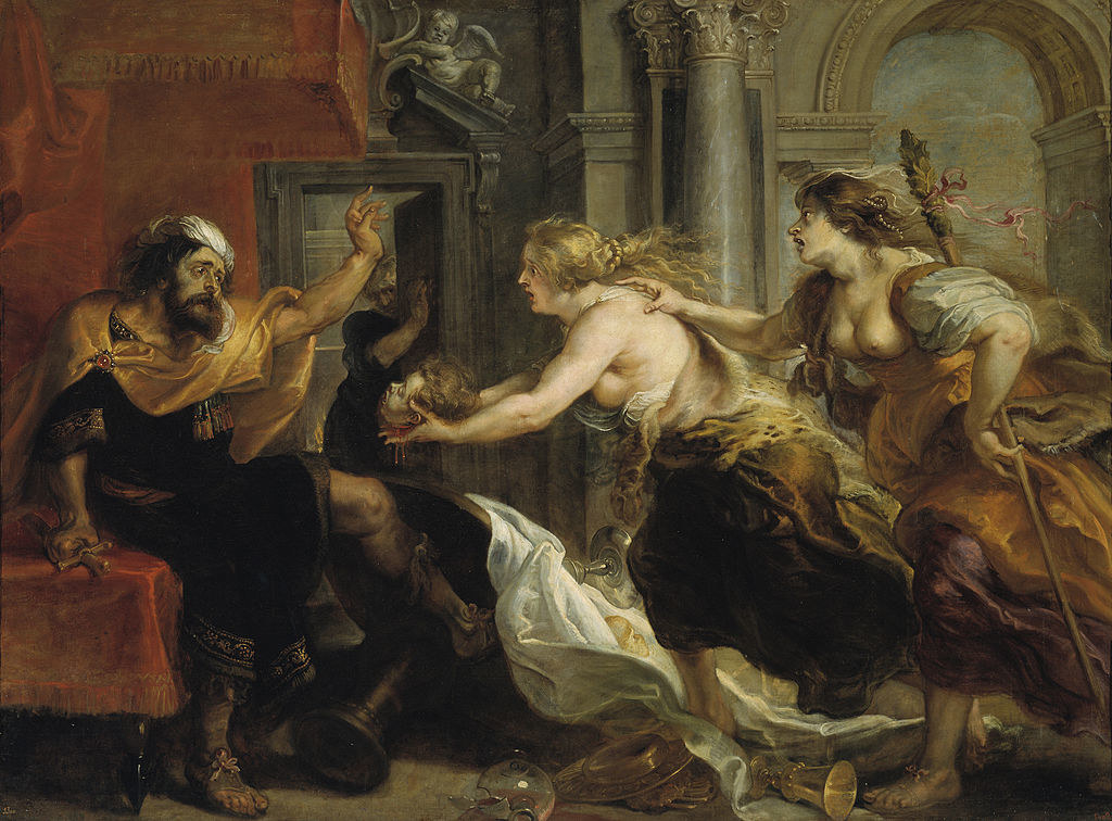 The painting 'Tereus Confronted with the Head of his Son Itys' by Peter Paul Rubens, showing Procne with Philomela behind her thrusting Itys' head at a seated and horrified Tereus