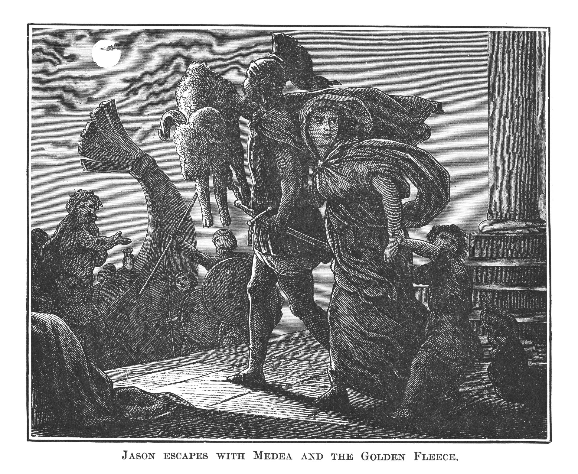 Old engraved illustration of Jason walking towards his ship holding up the Golden Fleece with Medea in tow, captioned &#x27;Jason escapes with Medea and the Golden Fleece&#x27;