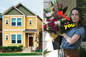 On the left, a vibrant home, and on the right, Love from You holding a floral arrangement with an arrow pointing to a flower and you typed next to it