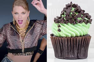 Taylor Swift is on the left with a mint chocolate chip cupcake on the right