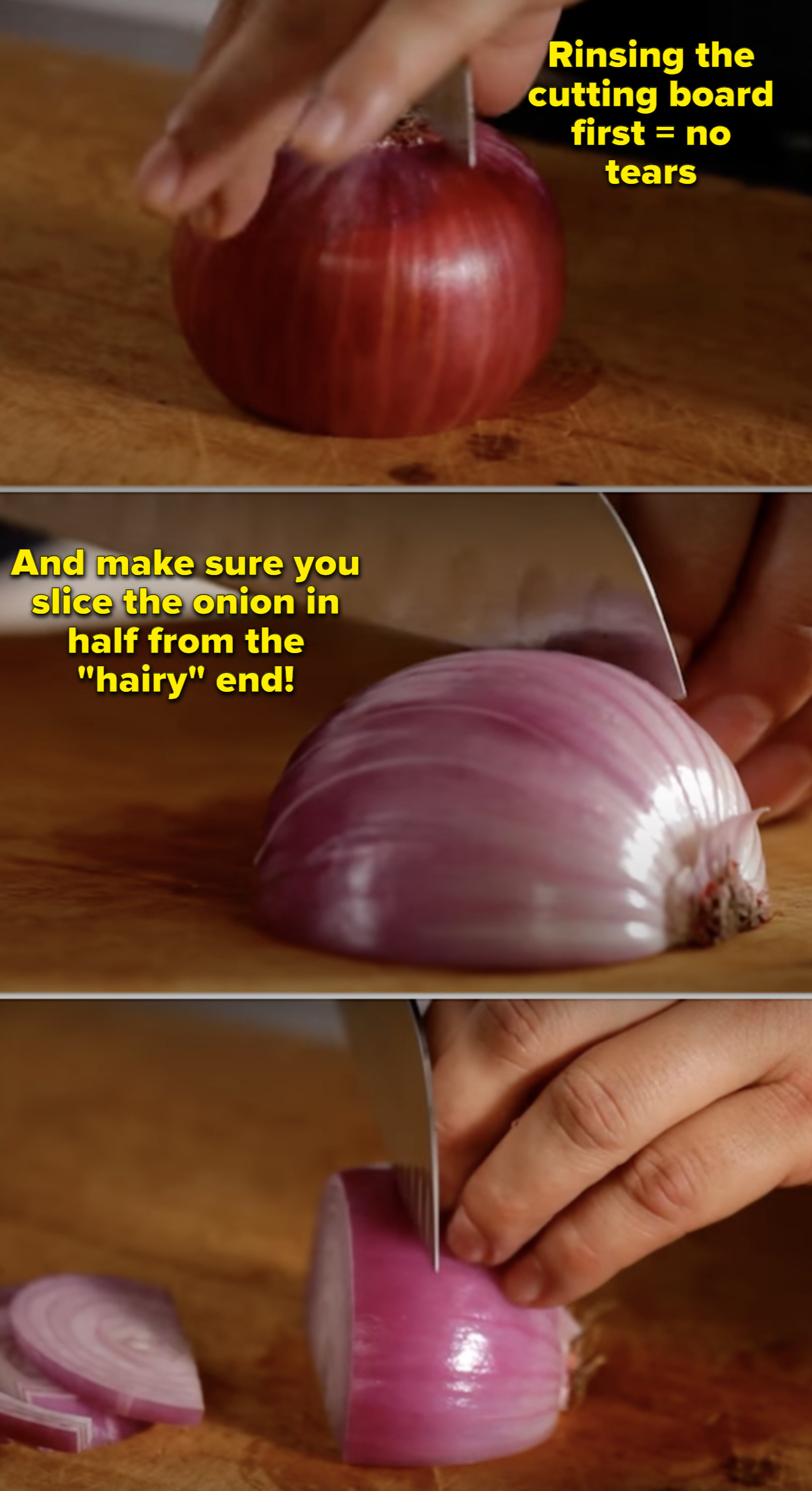 Someone cutting an onion with recommendation to rinse the cutting board first and cut in half from the &quot;hairy&quot; end