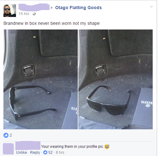 A Facebook post selling a pair of sunglasses that the poster claims are never worn, but a commenter says &quot;you&#x27;re wearing them in your profile pic&quot; (and he totally is)
