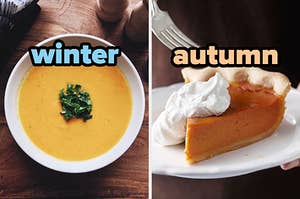 On the left, a bowl of squash soup labeled winter, and on the right, a slice of pumpkin pie topped with whipped cream labeled autumn