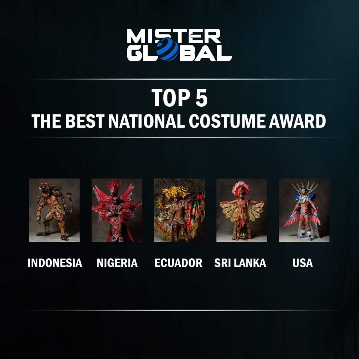 Top 5 for the Best National Costume Award: Indonesia, Nigeria, Ecuador, Sri Lanka, and USA