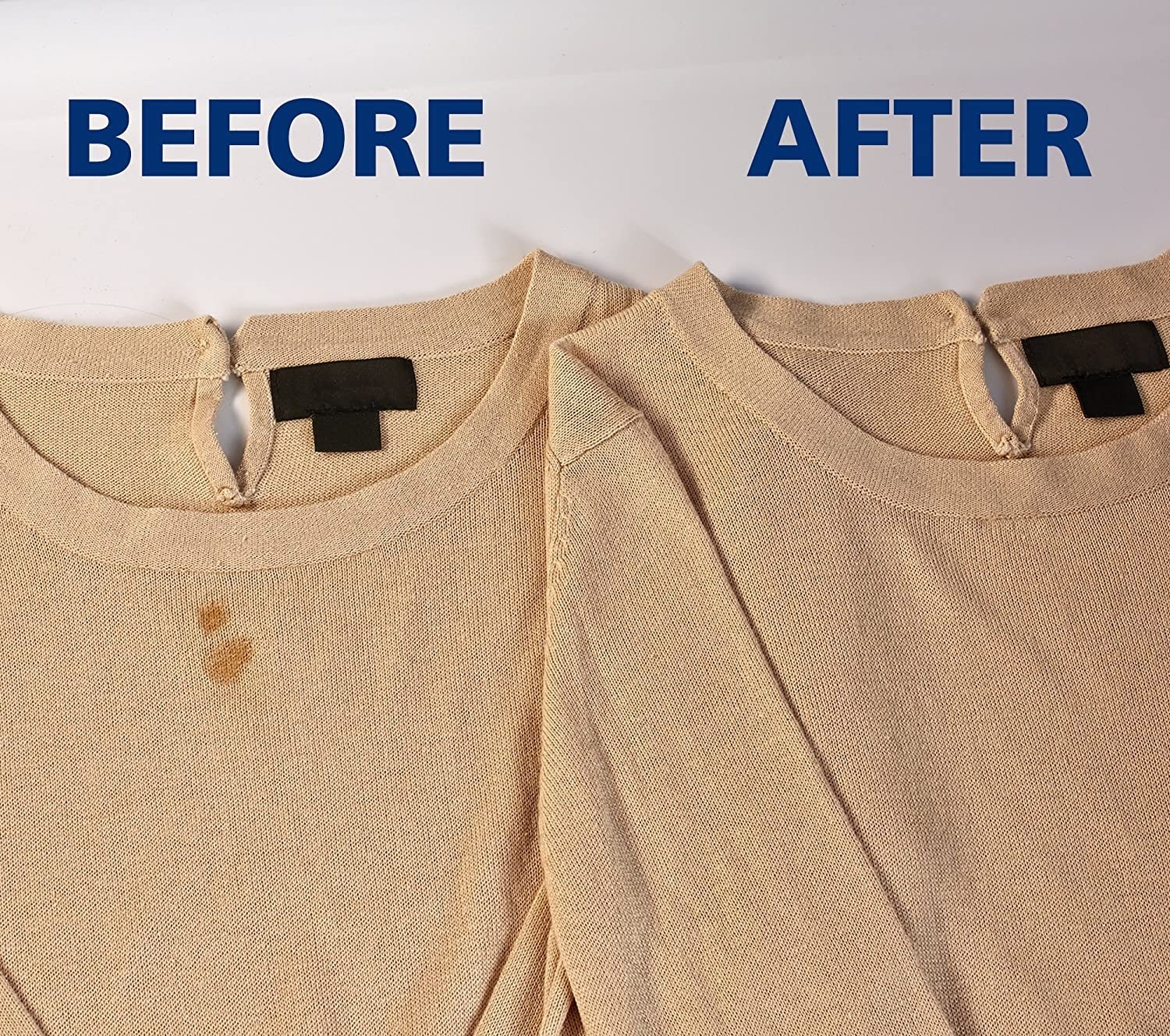 A shirt with a stain on it next to a shirt with the stain removed
