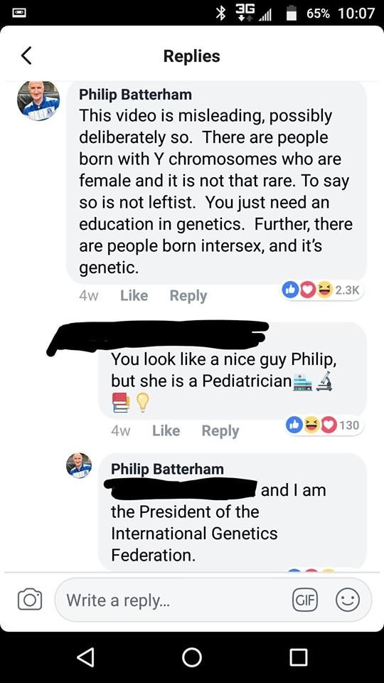 A person on Facebook arguing about chromosomes and gender with a man who reveals himself to be the president of the International Genetics Federation