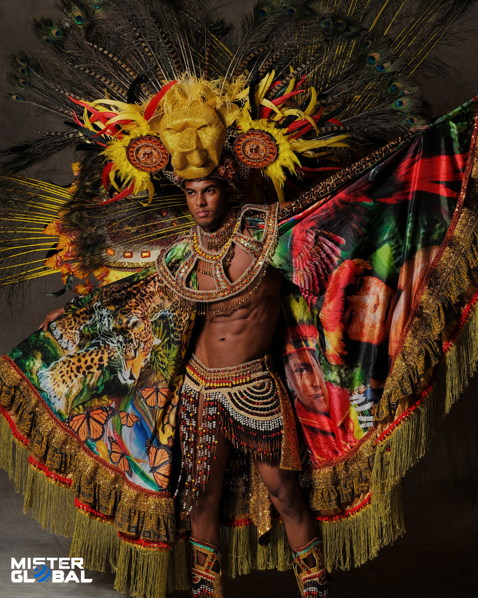 A bare-chested man wears a large, ornate headdress, colorful, flared cloak, and beaded loincloth