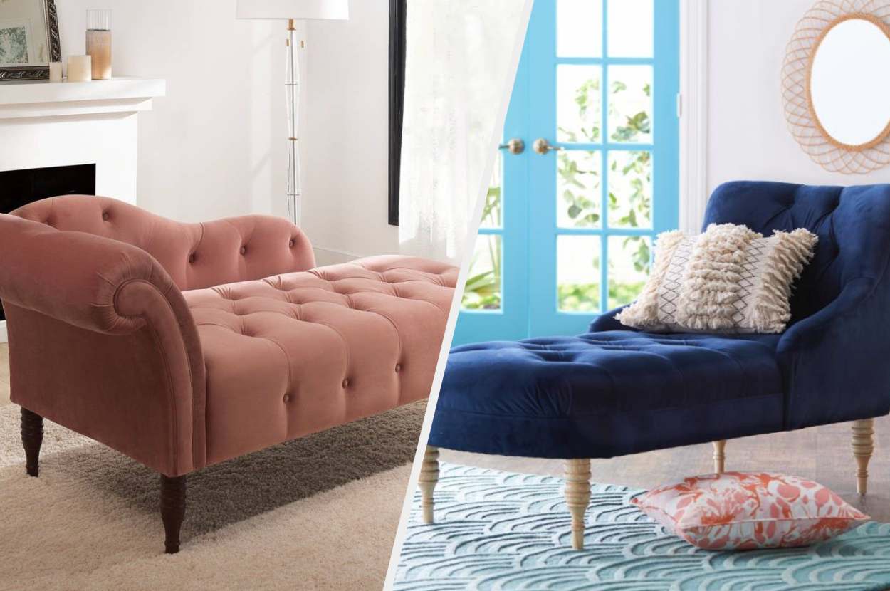 Two images of pink and blue lounge chairs