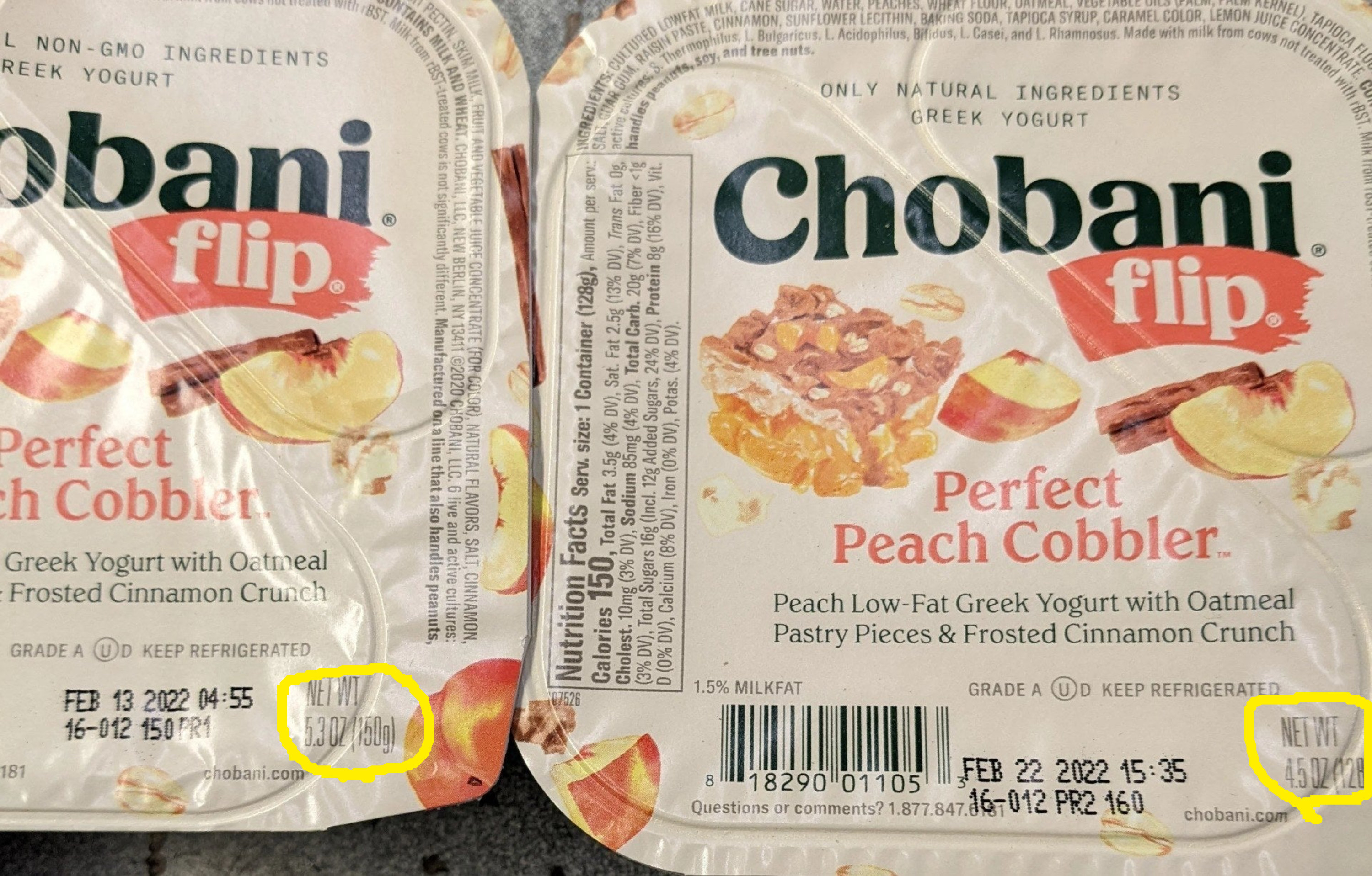Tiny print on the Chobani yogurt label shows one pack weighs 5.3 ounces while the other weighs 4.5
