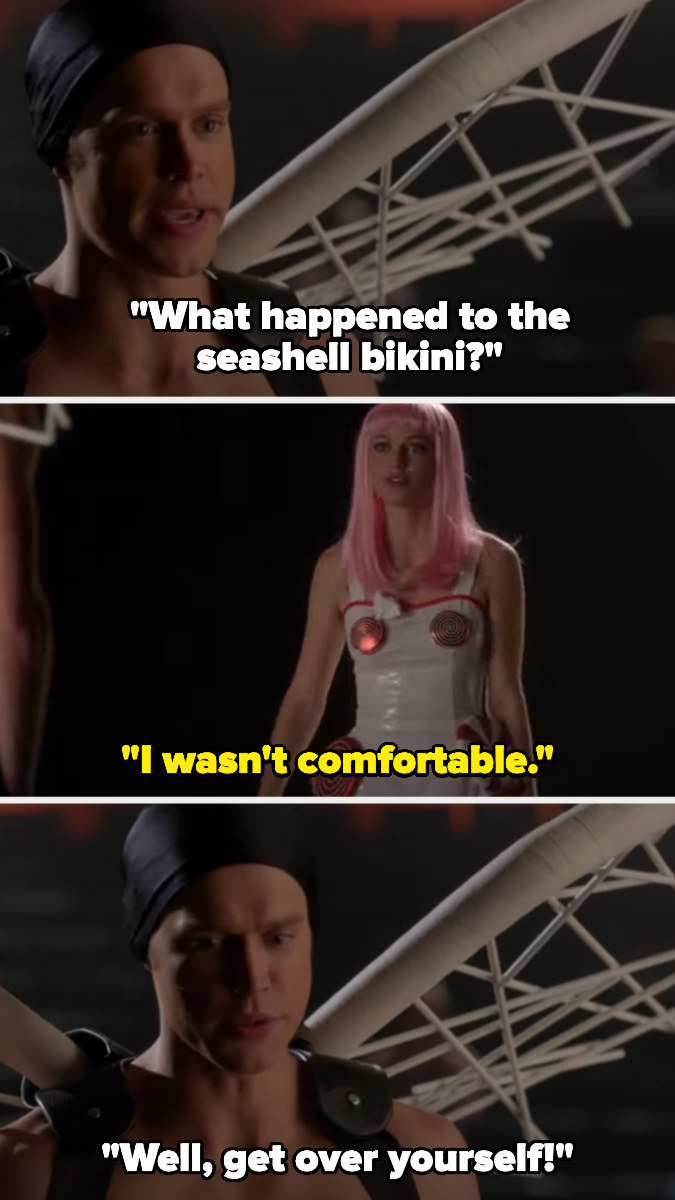 On &quot;Glee,&quot; Sam asks why Marley isn&#x27;t wearing the seashell bra, and Marley says she wasn&#x27;t comfortable; Sam tells her to get over herself