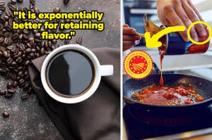 Left: A stock image of a cup of coffee beside a loose collection of coffee beans Right: Hans spooning canned tomatoes into a pan