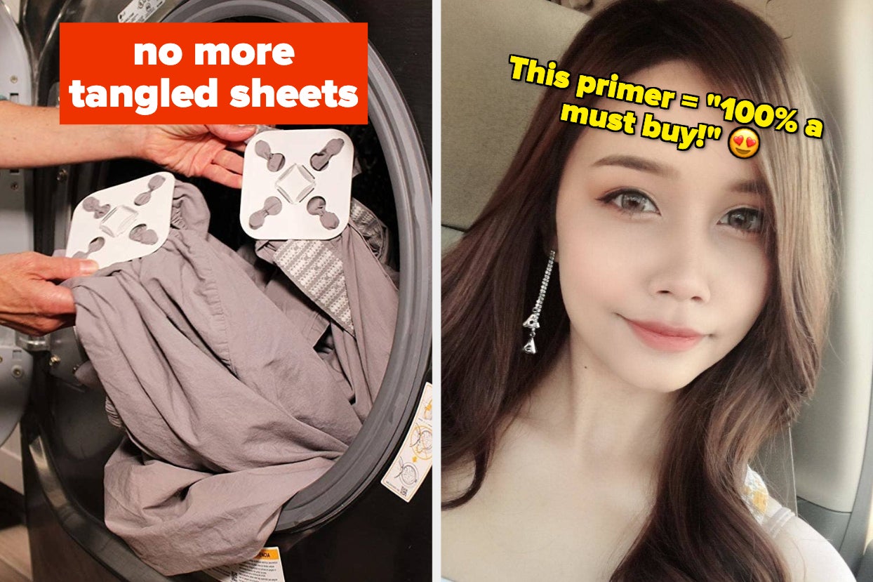 L: Wad-free pads on bedsheets to prevent them from tangling in the dryer R: text on an image of a reviewer with pretty makeup that says, "this primer = 100% a must buy"