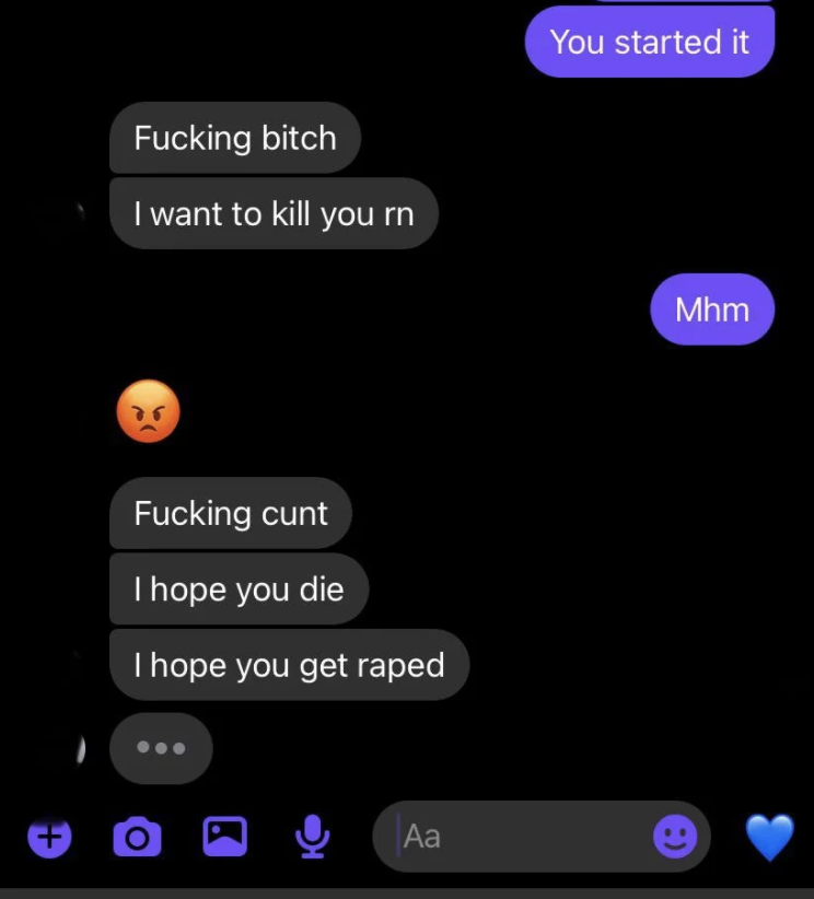 the ex threatening to kill her and saying he hopes she gets raped
