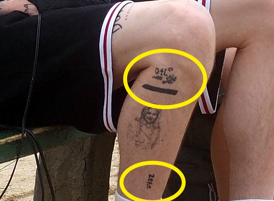 A closeup of the tattoos described