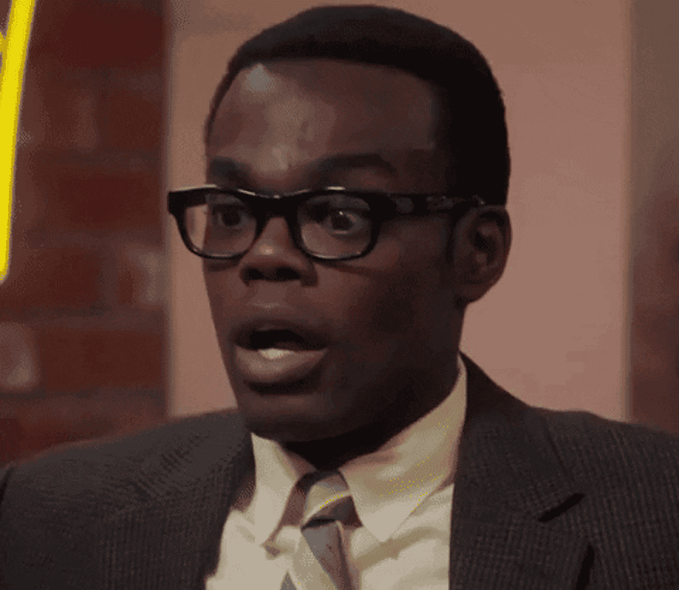 The character Chidi from The Good Place having a panic attack