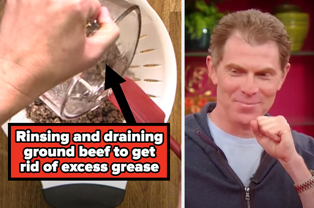 Rinsing and draining ground beef to get rid of excess grease, with Bobby Flay looking shocked at it