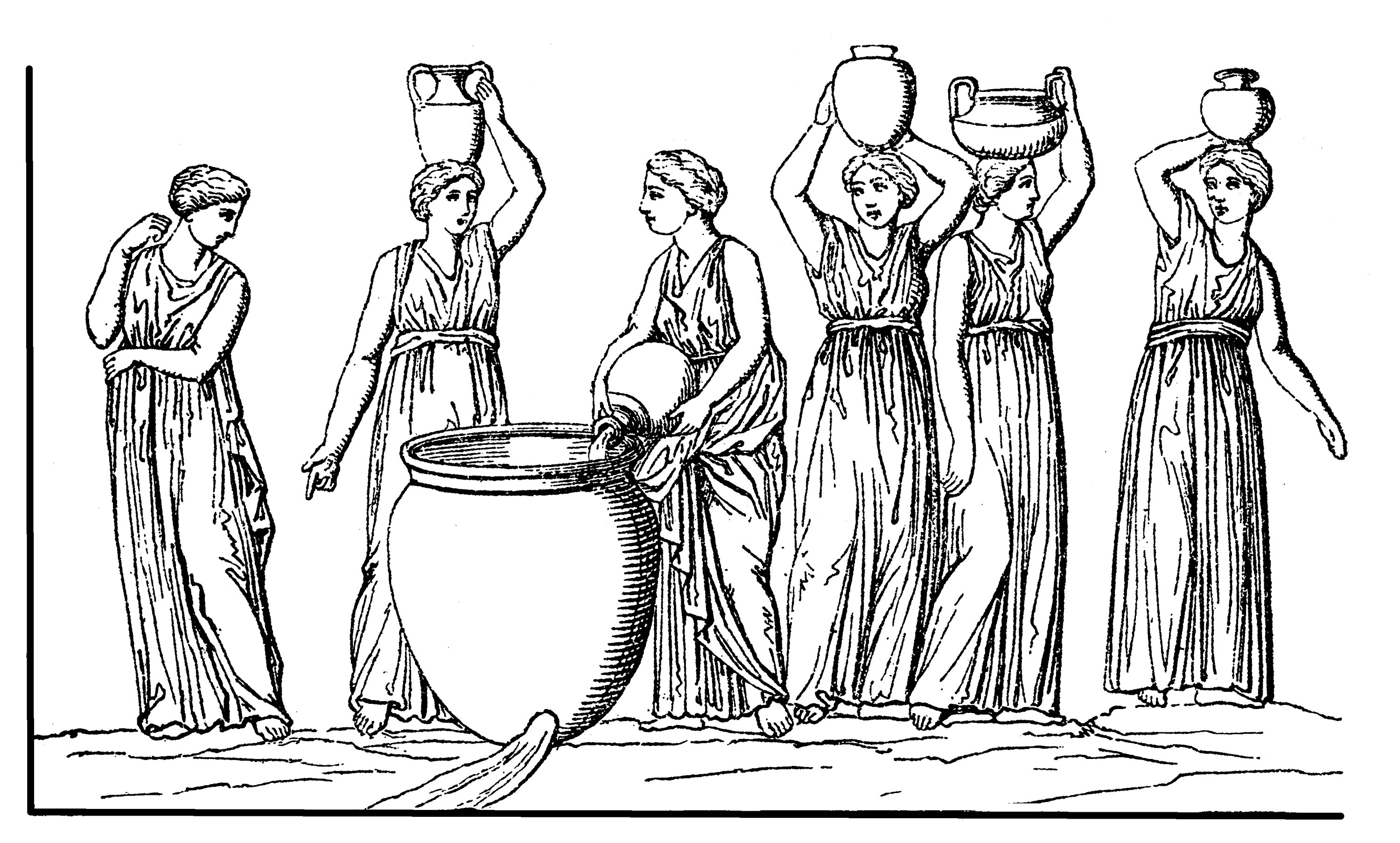 Six women in ancient Greek style dresses, four balancing pots on their heads, one pouring liquid into a larger pot on the ground