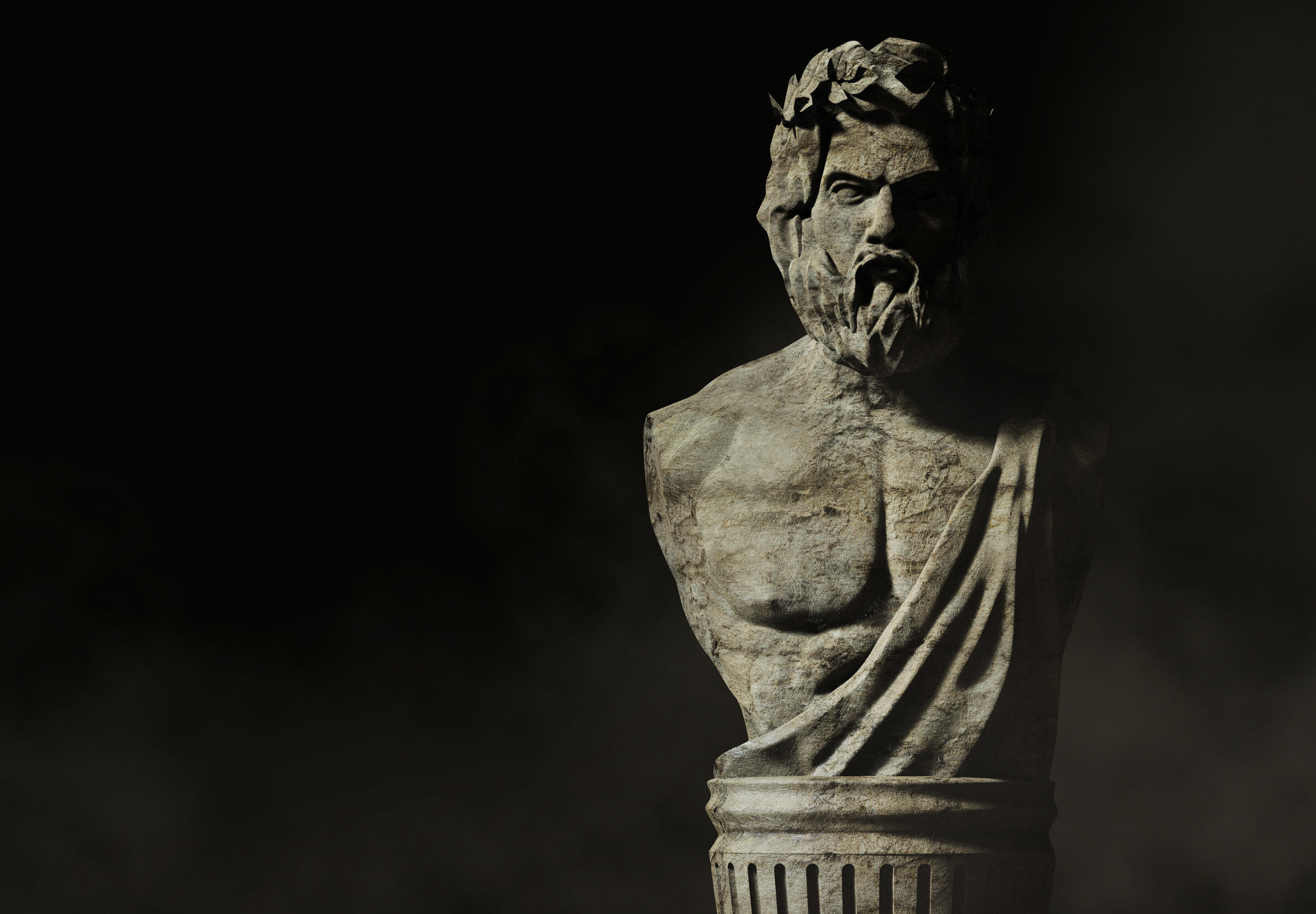 Bust of a Greek male god on dark background with fog