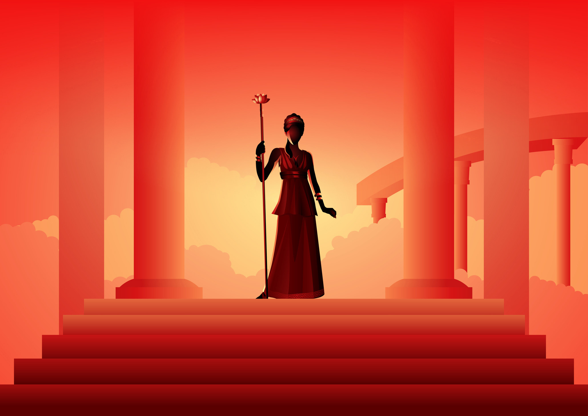 A red and orange tinted image of a goddess stood on some stairs holding a staff, with clouds behind her