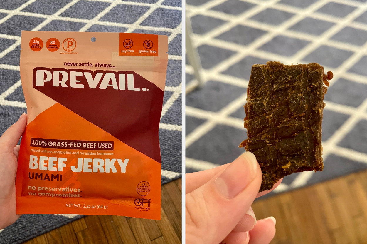bag of beef jerky next to a piece of jerky