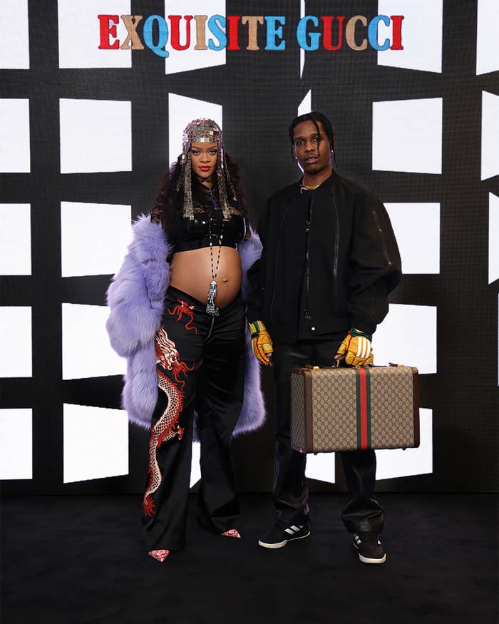 Rihanna and A$AP Rocky standing together under the words &quot;Exquisite Gucci&quot;