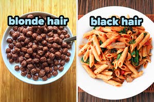 On the left, a bowl of chocolate cereal labeled blonde hair, and on the right, some penne pasta with tomato sauce labeled black hair