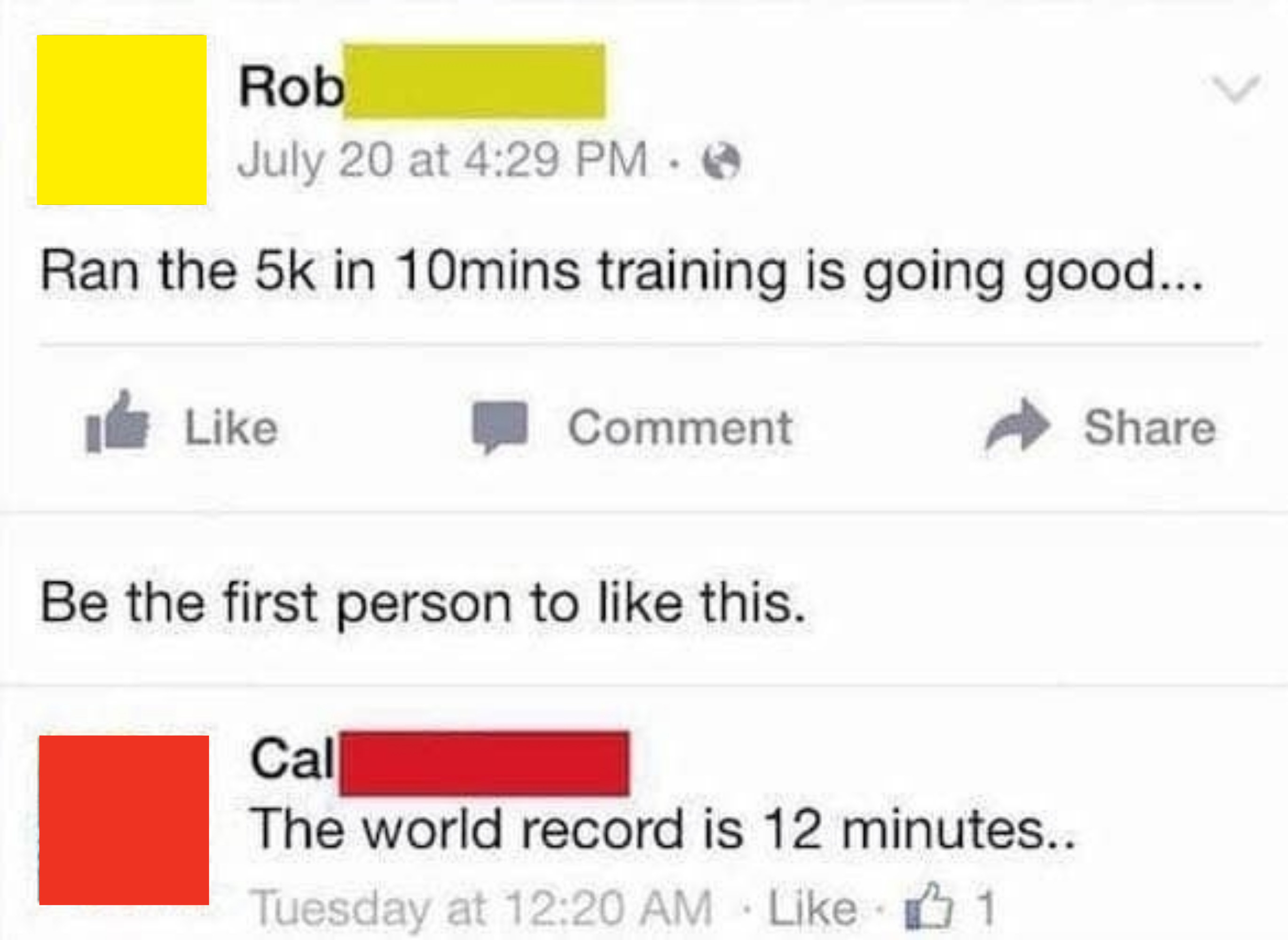 A Facebook user claiming they ran a 5K in 10 minutes but a friend responds saying "the world record is 12 minutes"