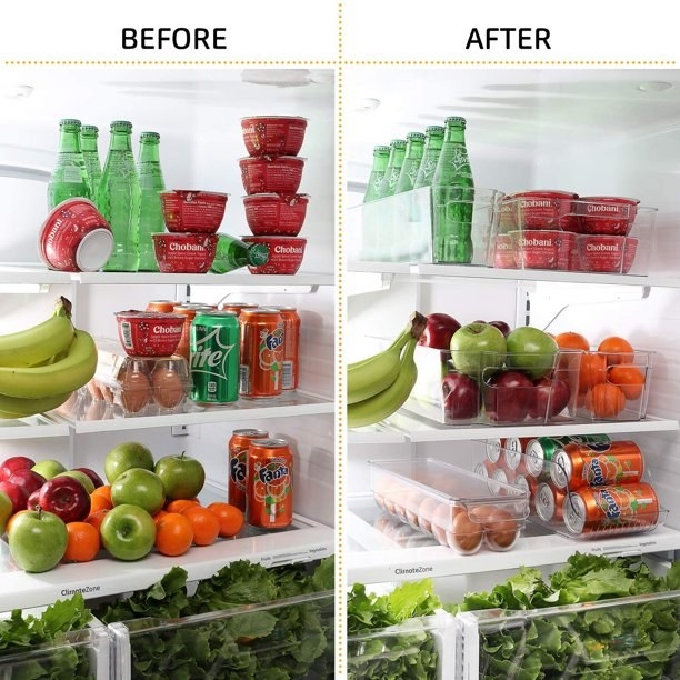 a before image of a cluttered fridge and an after image of the organized fridge with the containers