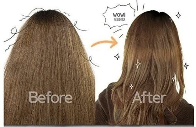 A before and after of hair with the treatment in it
