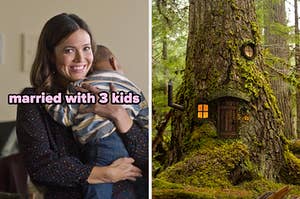On the left, Rebecca from This Is Us holding a baby labeled married with 3 kids, and on the right, a door and some windows in a mossy tree
