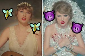 Taylor Swift wears a lace dress with a flower crown and Taylor Swift lays in a bath tub filled with diamonds