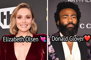 Elizabeth Olsen wears a velvet long sleeve dress and Donald Glover wears a floral blazer