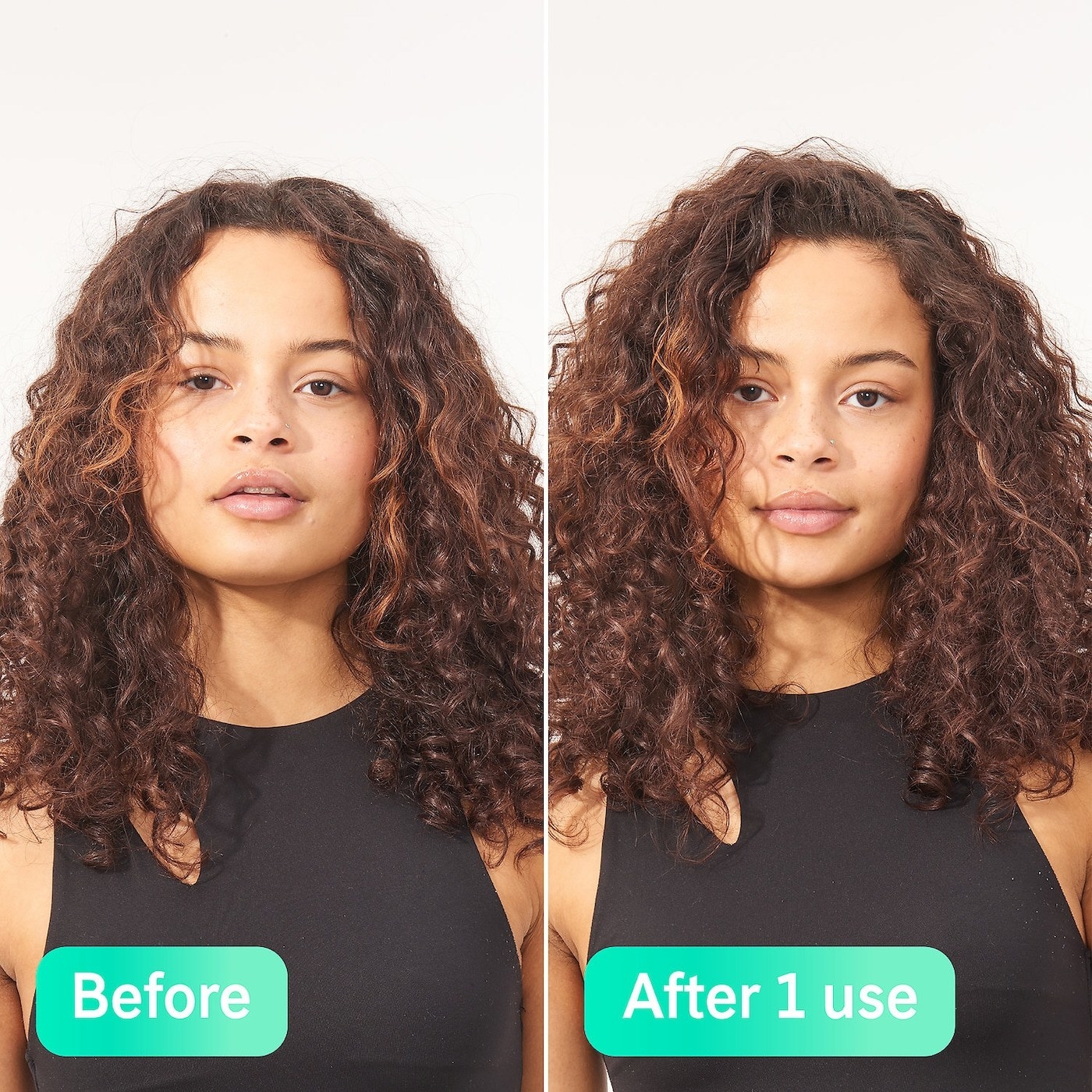 a before and after where the after shows hair that is noticeably smoother, less frizzy, with more volume